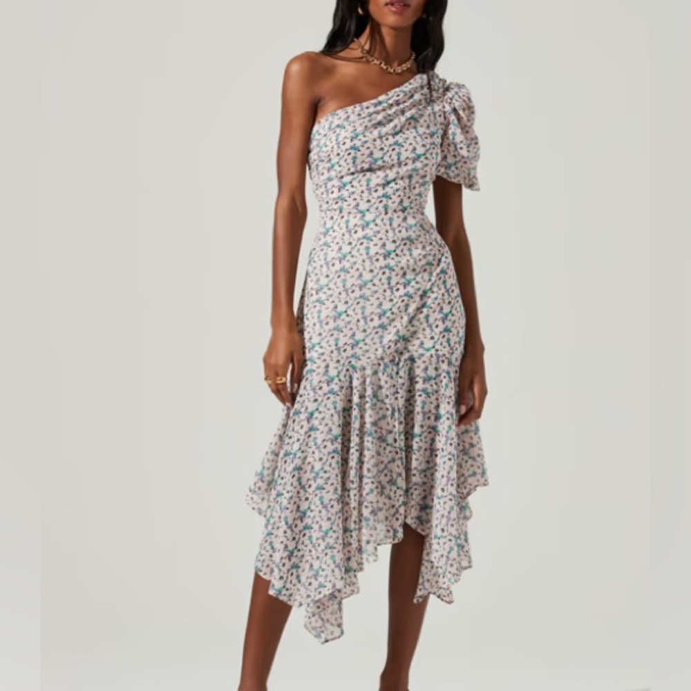 Astr Santorini Floral One Shoulder Midi Dress XS